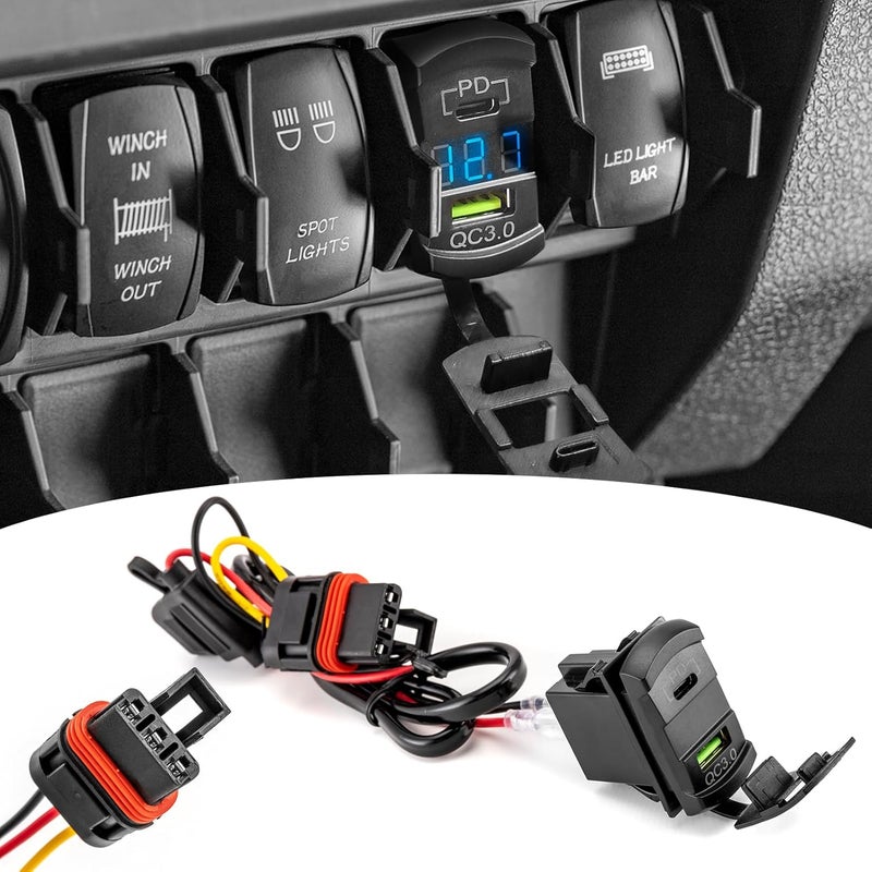Wsays Dual USB Tpye C Rocker Plug & Play Switch Charger/Outlet 12v PD & QC 3.0 with LED Voltmeter Display Compatible with Polaris RZR Ranger General - Image 1